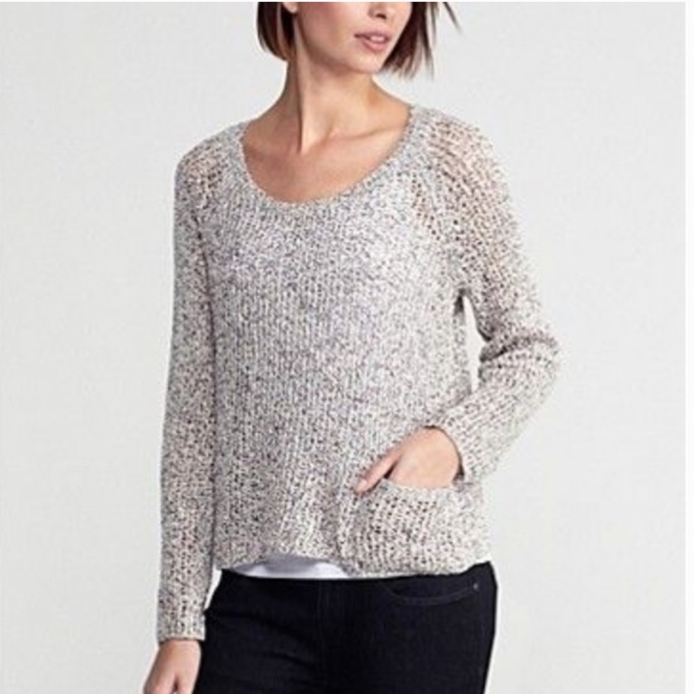 Eileen Fisher Scoop Neck Speckled Cotton Pullover Sz Large Black/White